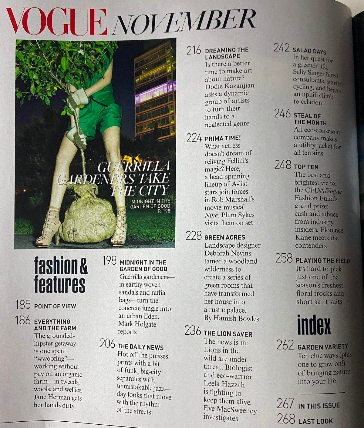 Page from Vogue Magazine November 2009 discussing 'Guerrilla Gardeners' project, emphasizing the intersection of fashion and social issues.