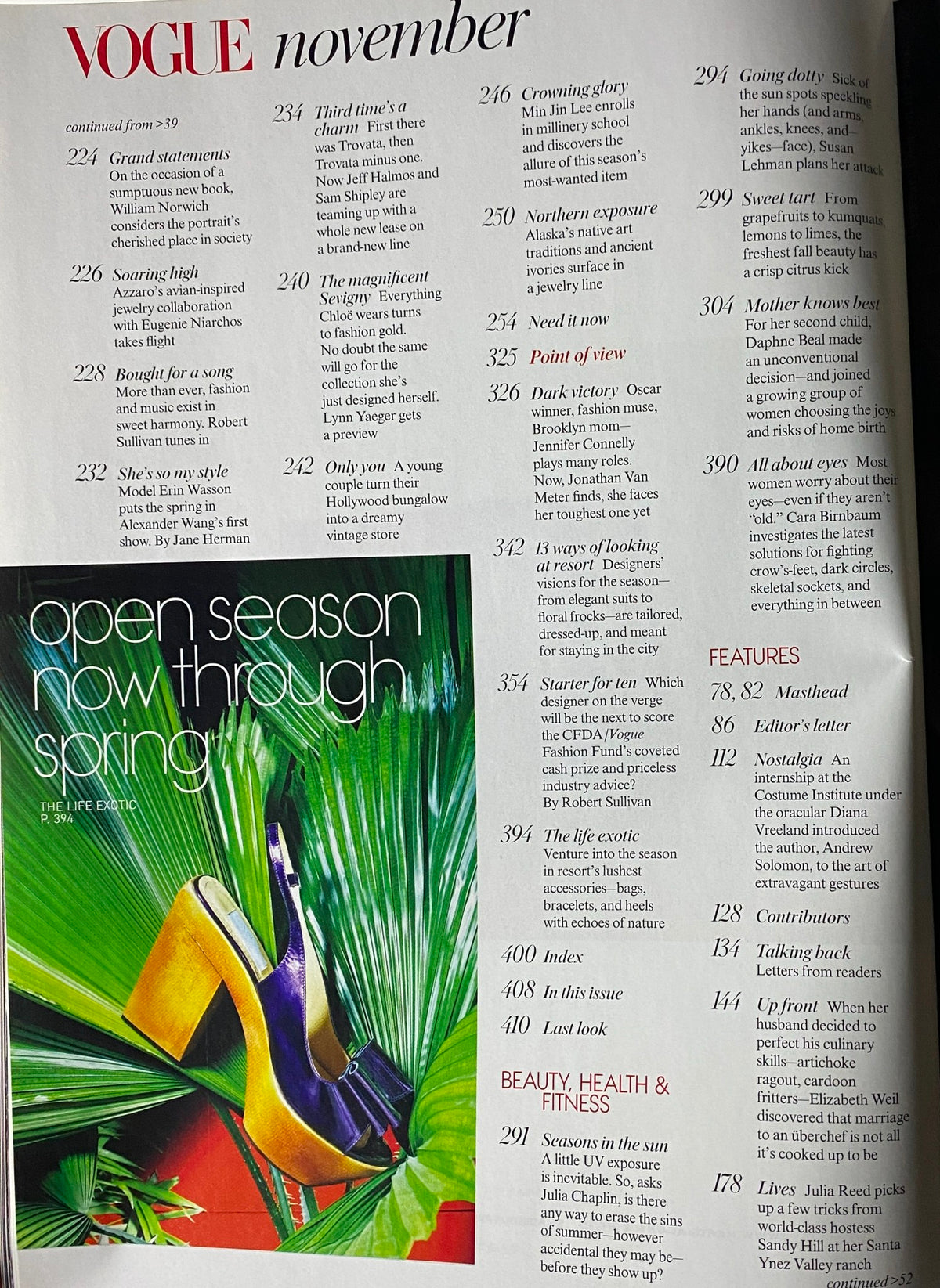 Inside content of Vogue Magazine November 2007 displaying the article 'Open Season Now Through Spring,' with a vibrant image of high heels among foliage.