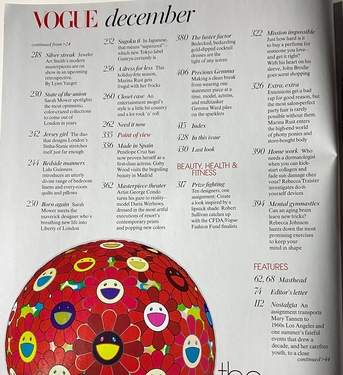 Vogue Magazine December 2007 Penelope Cruz Cover No Label VG - A detailed table of contents showcasing featured articles and highlights from the issue, including fashion and cultural insights.