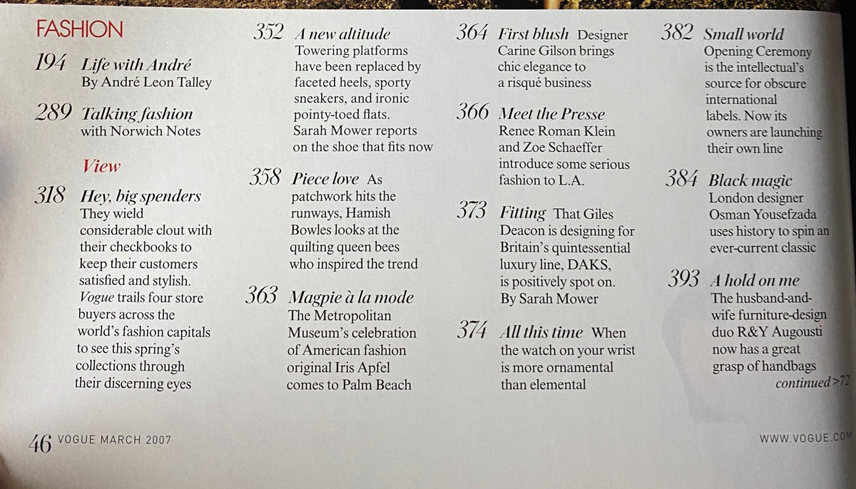 Vogue Magazine March 2007 interior page showcasing fashion content, including articles by André Leon Talley and Hamish Bowles, reflecting on contemporary fashion trends.
