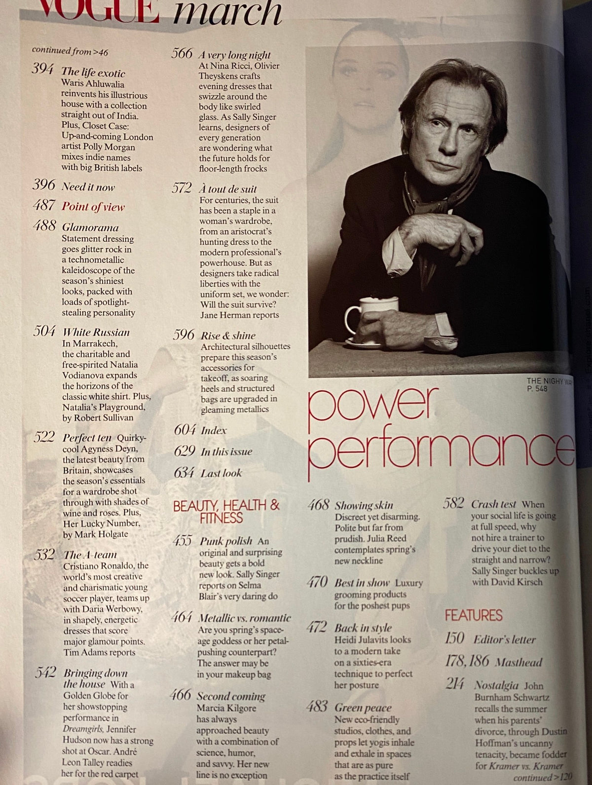 Vogue Magazine March 2007 interior page featuring notable articles such as 'Rise & Shine' and 'Crash Test,' emphasizing health and beauty insights alongside fashion showcases.
