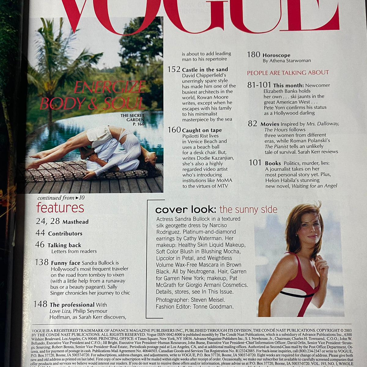Vogue Magazine January 2003 issue features Sandra Bullock's cover with a section of the Table of Contents showcasing key articles, including profiles and fashion highlights.