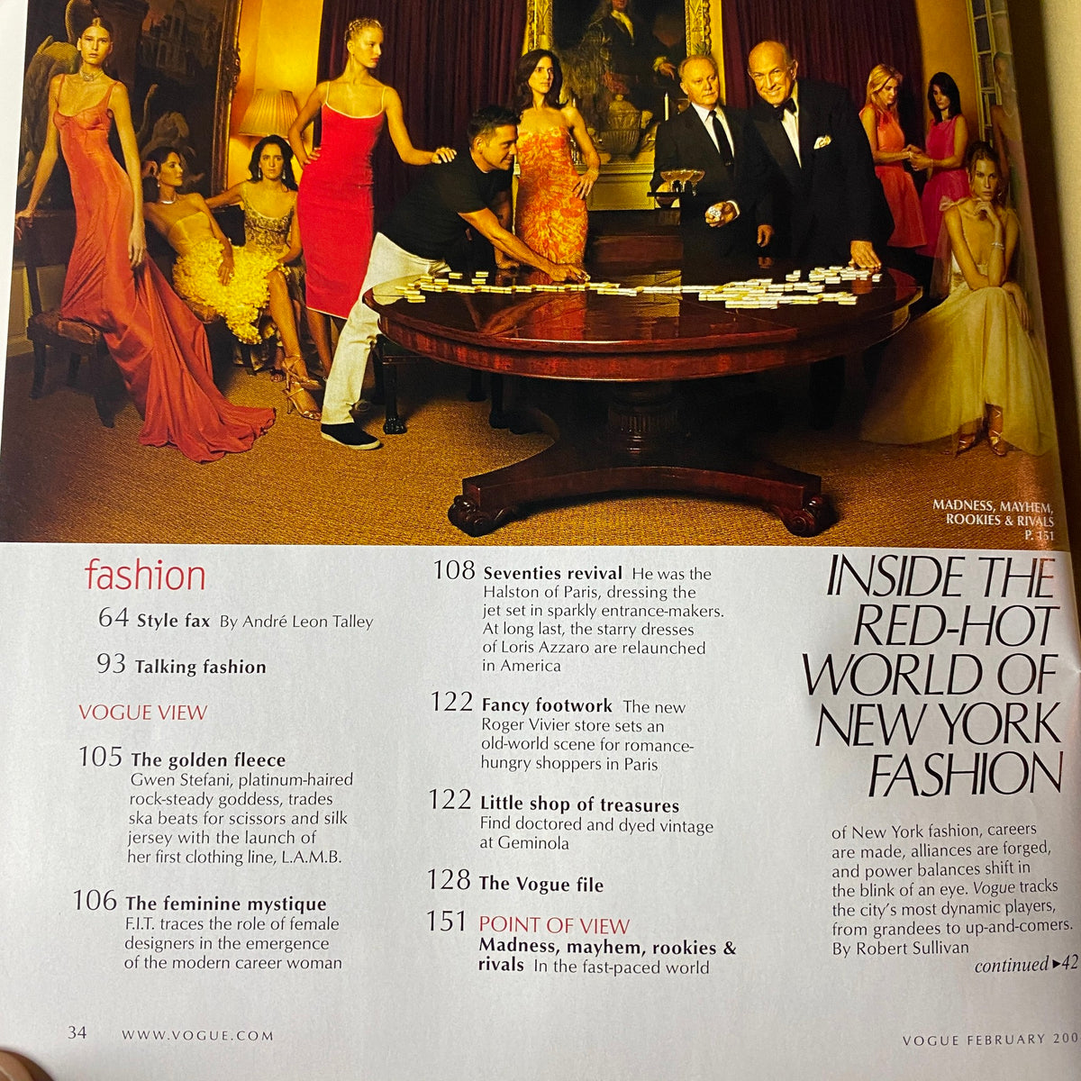 Inside Vogue Magazine February 2004 highlighting articles on fashion including André Leon Talley's style insight and feature on Gwen Stefani's L.A.M.B. fashion line.