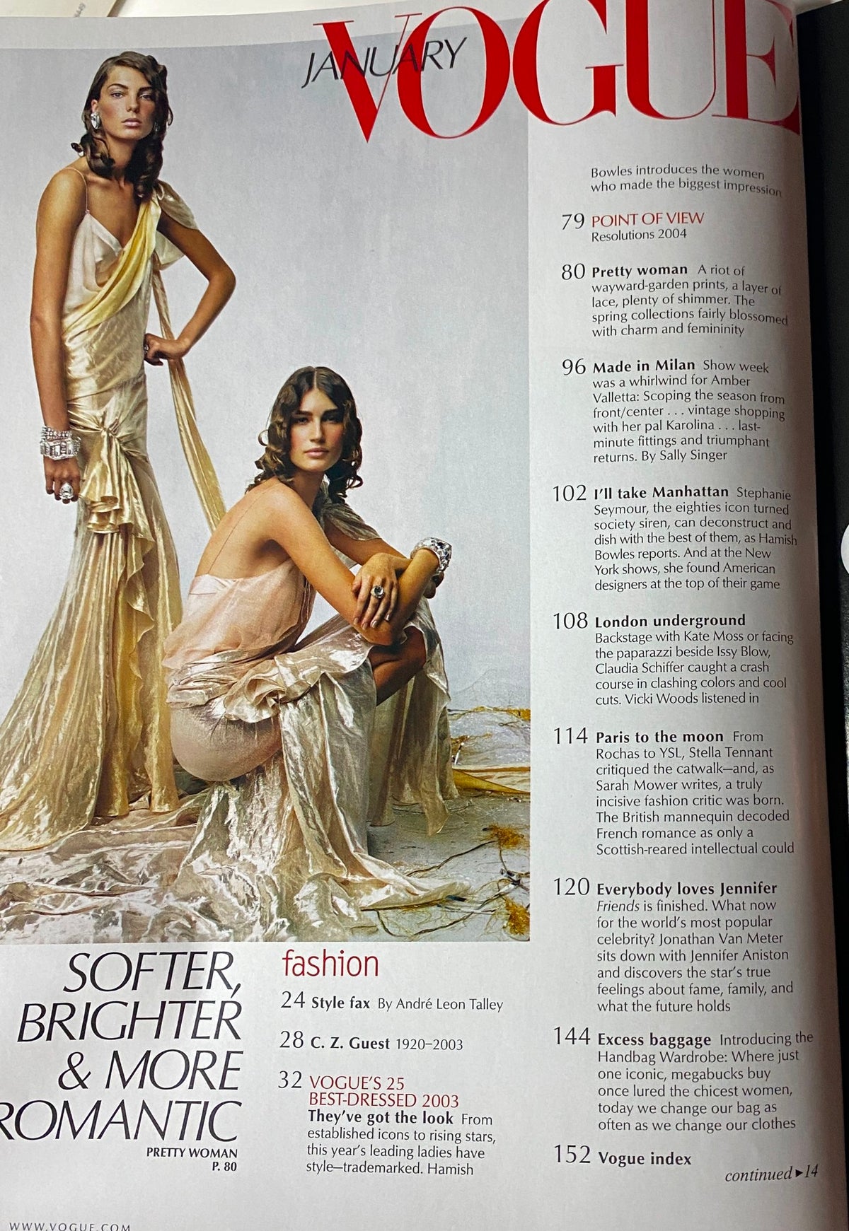 Inside page of Vogue Magazine January 2004 featuring the table of contents, showcasing articles on fashion and profiles including a feature on Jennifer Aniston.