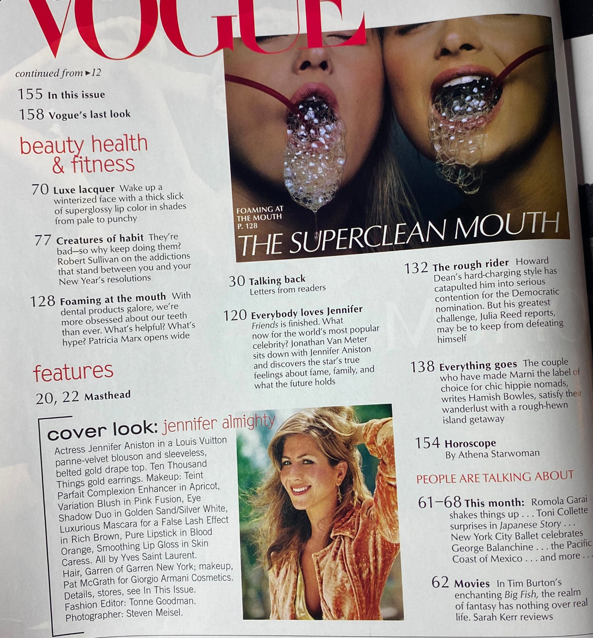 Inside page from Vogue Magazine January 2004 detailing content including a feature on Jennifer Aniston and topics on beauty and health.