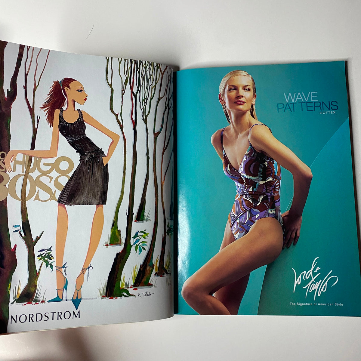 Vogue Magazine January 2004 cover featuring Jennifer Aniston styled in Louis Vuitton, alongside a fashion advertisement showcasing swimwear designs by Gottex, emphasizing trends from early 2000s fashion.