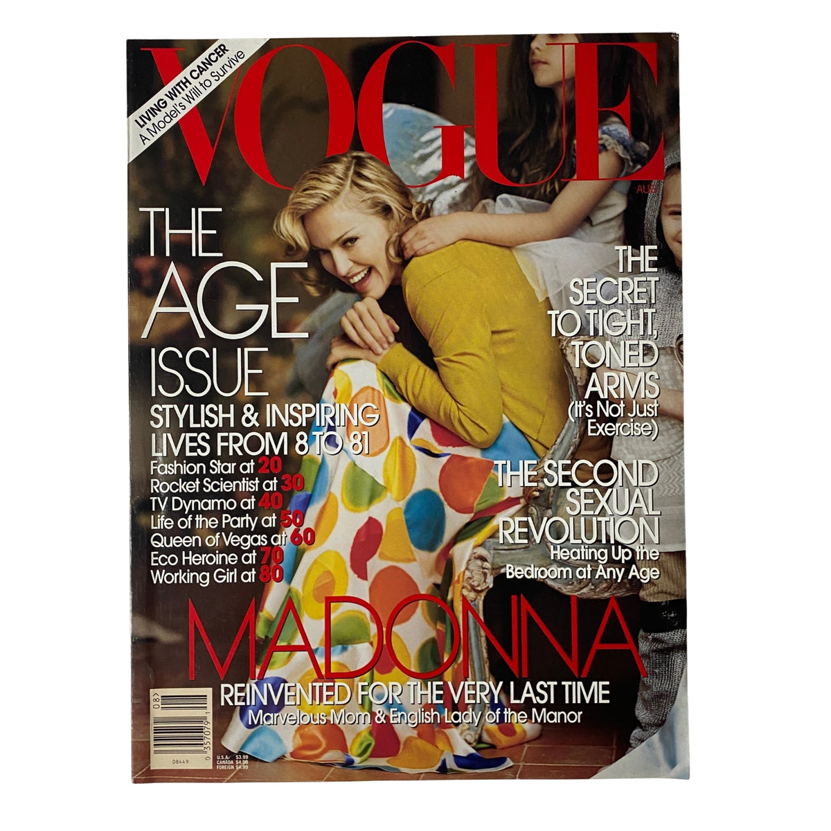 Cover of Vogue Magazine August 2005 featuring Madonna, themed 'The Age Issue.' Stylish and inspiring, it showcases vibrant fashion and features articles on age, beauty, and lifestyle.