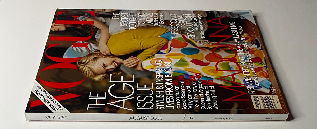 Side view of Vogue Magazine August 2005 showcasing Madonna on the cover, highlighting its theme of age and the latest fashion trends. Includes details about featured articles inside.