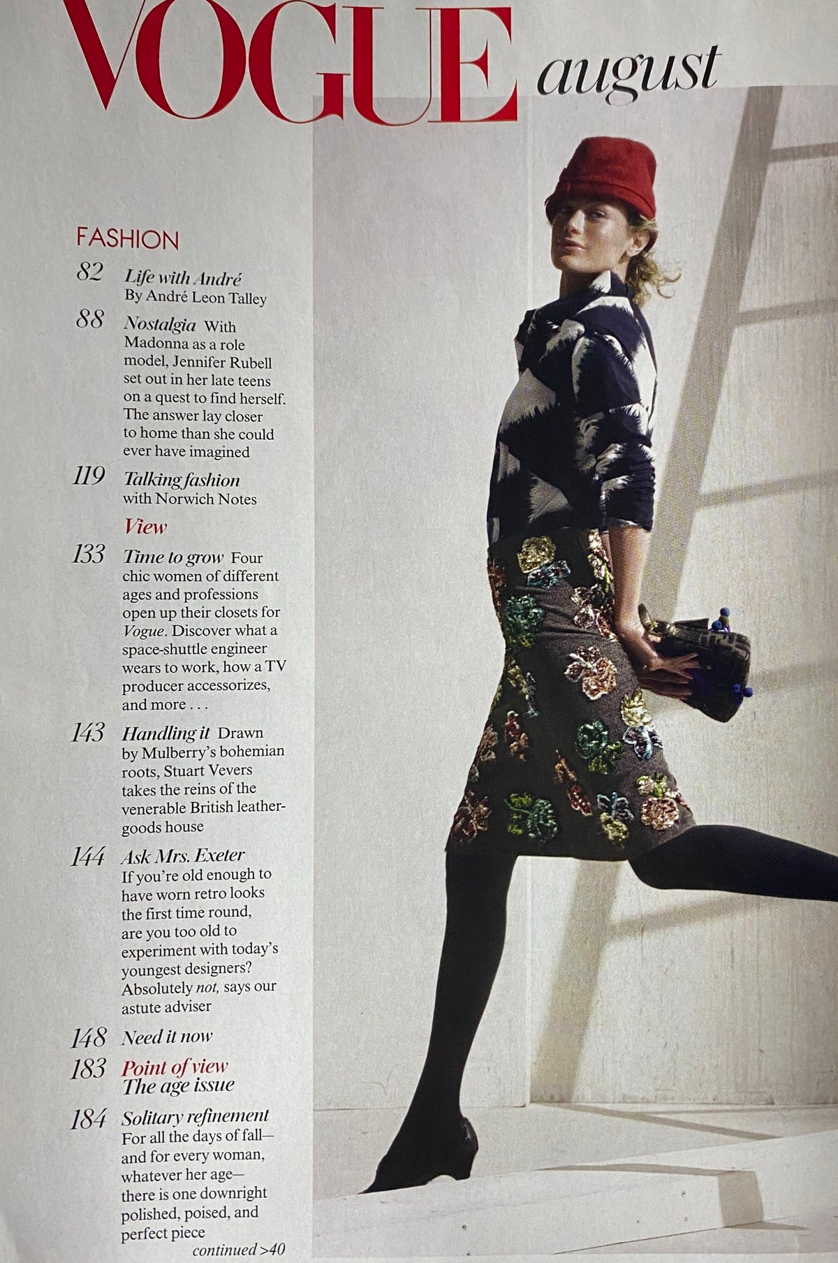 Interior page of Vogue Magazine August 2005, displaying fashion content including 'Life with André' by André Leon Talley and a description of upcoming fashion trends.