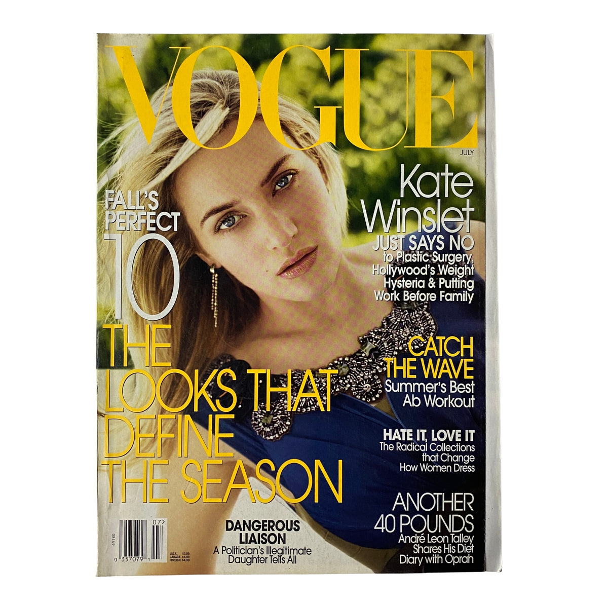 Vogue Magazine July 2005 featuring Kate Winslet on the cover, highlighting ‘Fall’s Perfect 10’ and fashion insights. Very good condition, showcasing her beauty and style.
