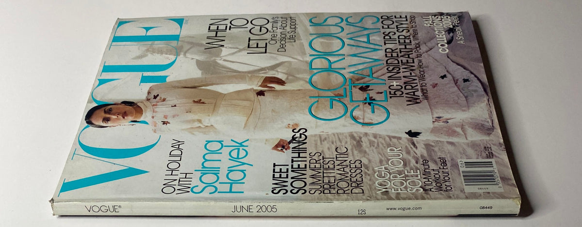 Side angle of Vogue Magazine June 2005 showcasing Salma Hayek on the cover, emphasizing the elegant design and text that reads 'Vogue June 2005 Salma Hayek Cover No Label'.