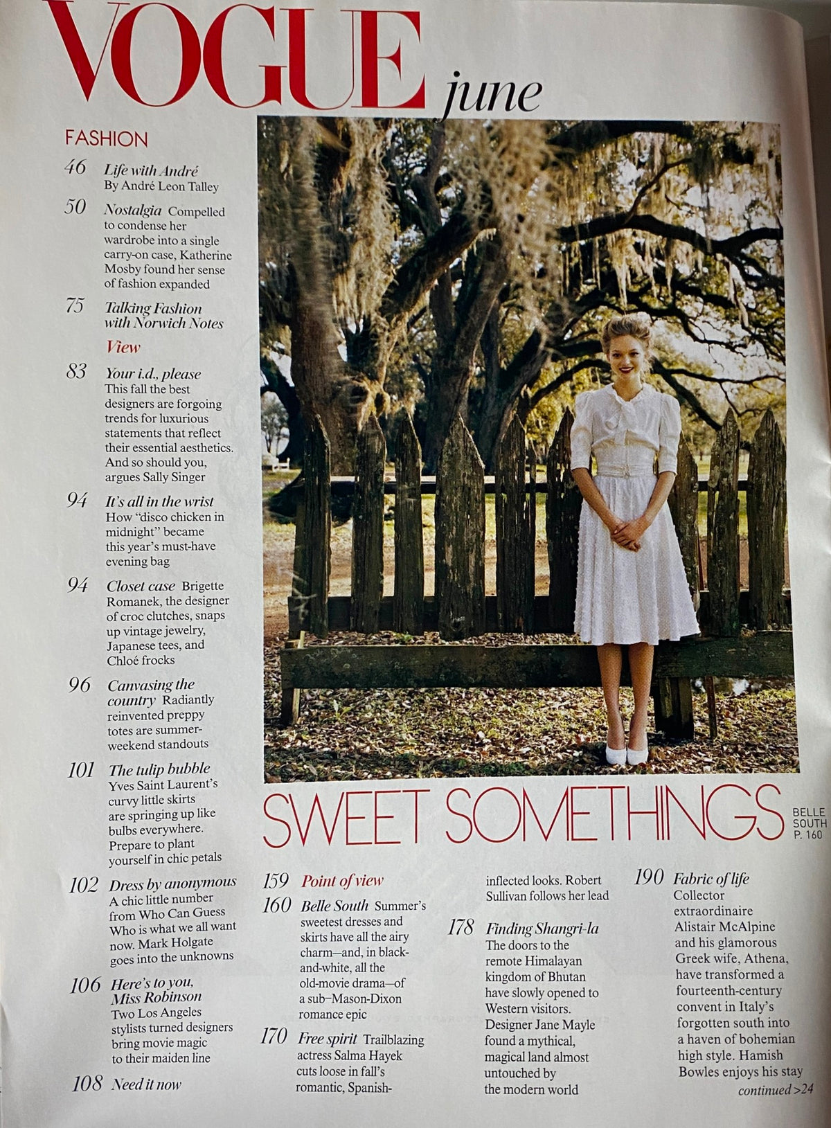 Inside page of Vogue Magazine June 2005 titled 'Sweet Somethings', featuring a model in white attire, with the title 'Vogue June 2005 Salma Hayek Cover No Label' in context.
