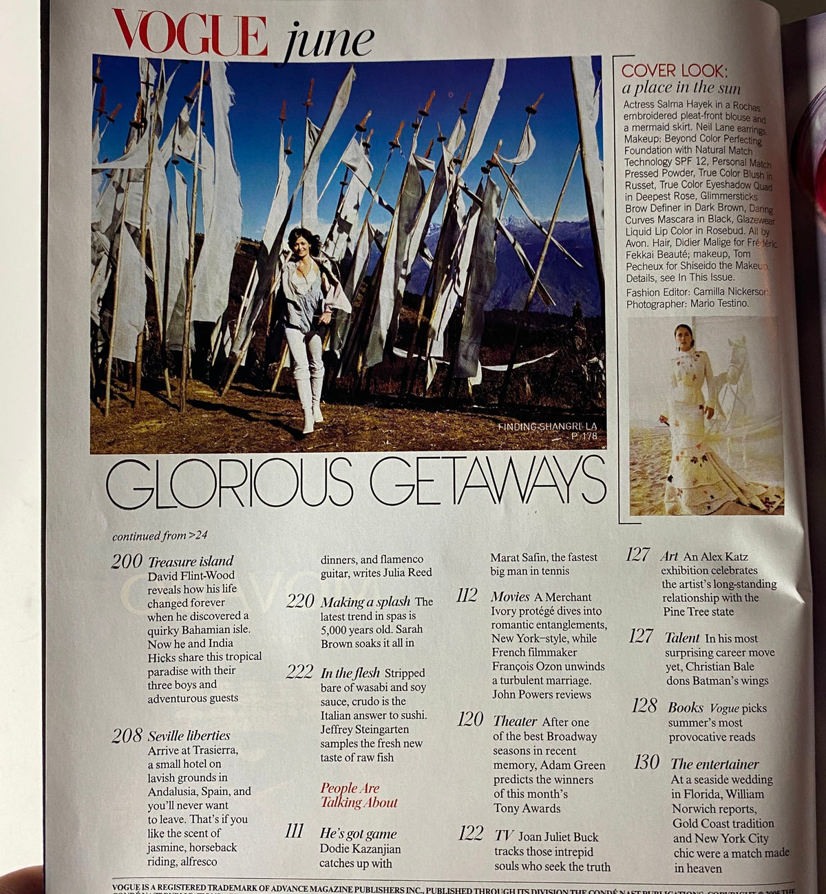 Inside page of Vogue Magazine June 2005 displaying a fashion editorial titled 'Glorious Getaways' with a model, connected to the 'Vogue June 2005 Salma Hayek Cover No Label'.