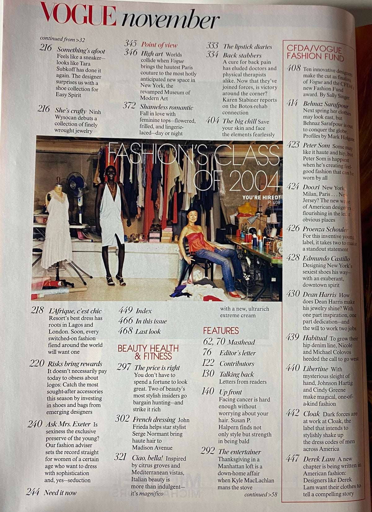 Contents page of Vogue Magazine November 2004, listing features related to fashion, beauty, and health.