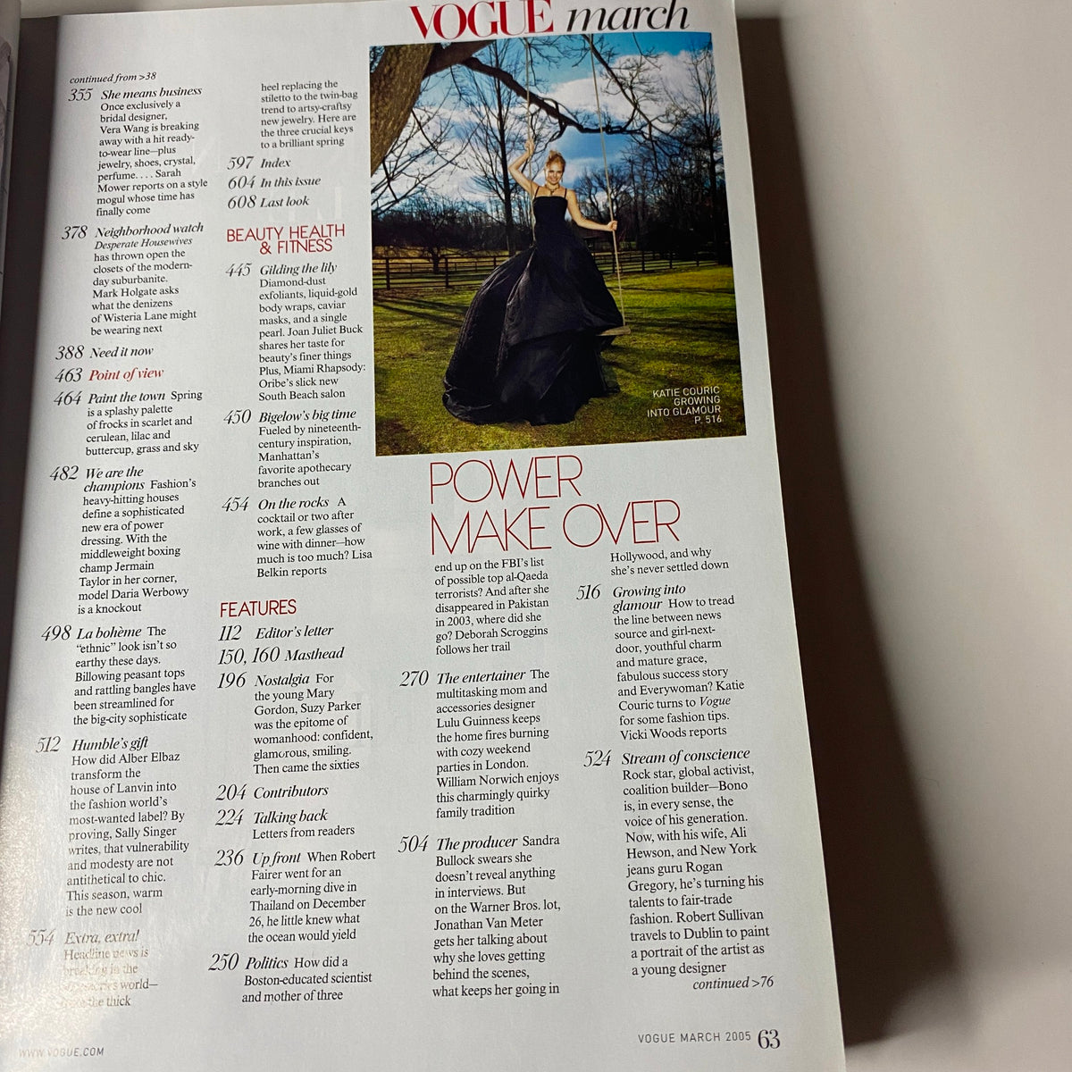 Vogue Magazine March 2005 showcasing a stunning black dress in the Power Makeover feature, emphasizing hair and makeup trends.
