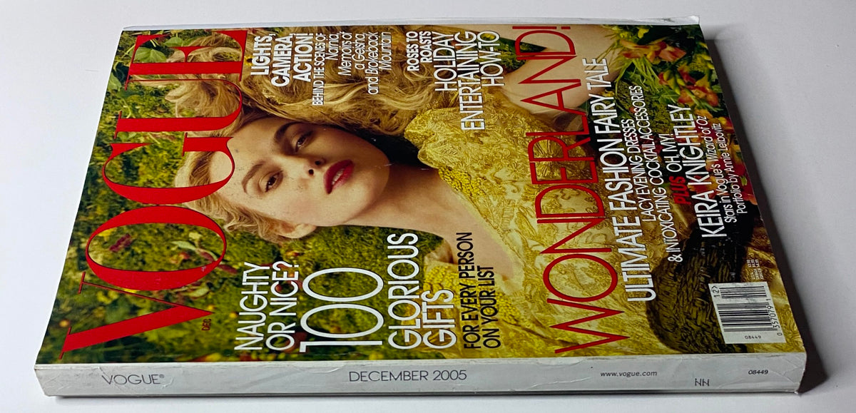Vogue Magazine December 2005 showcasing Keira Knightley on the cover, titled 'Wonderland! Ultimate Fashion Fairy Tale.' The cover emphasizes holiday gifts and entertaining tips, featuring a glamorous festive aesthetic.