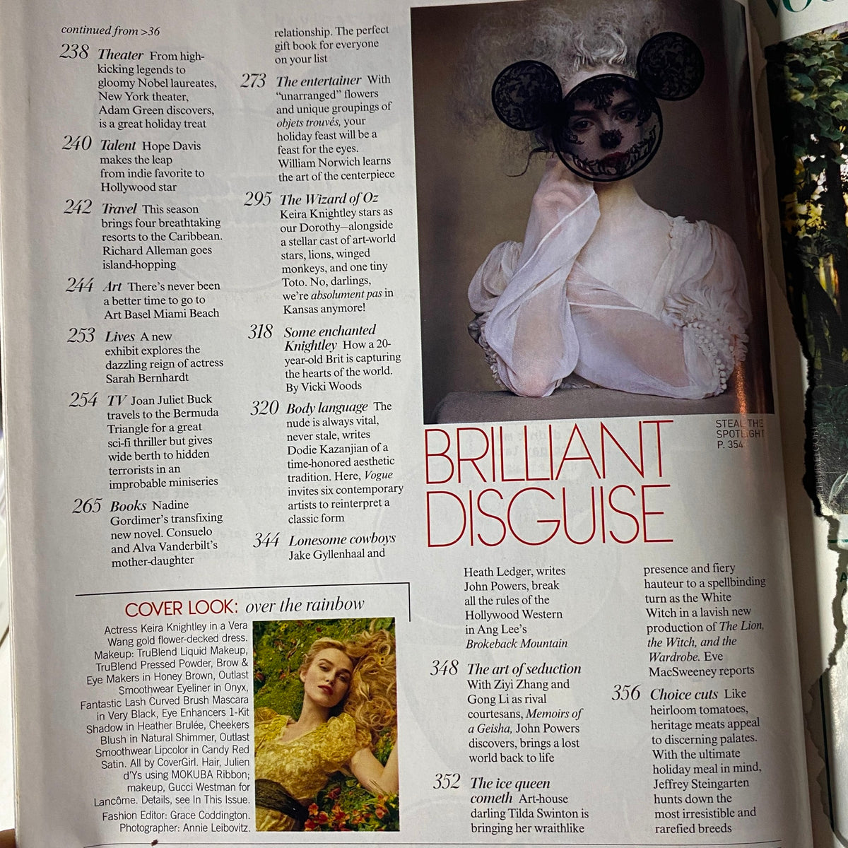 Another interior page of Vogue Magazine December 2005 presenting articles including 'Brilliant Disguise' and fashion highlights related to Keira Knightley's cover story. The page highlights the magazine's creative and cultural content.