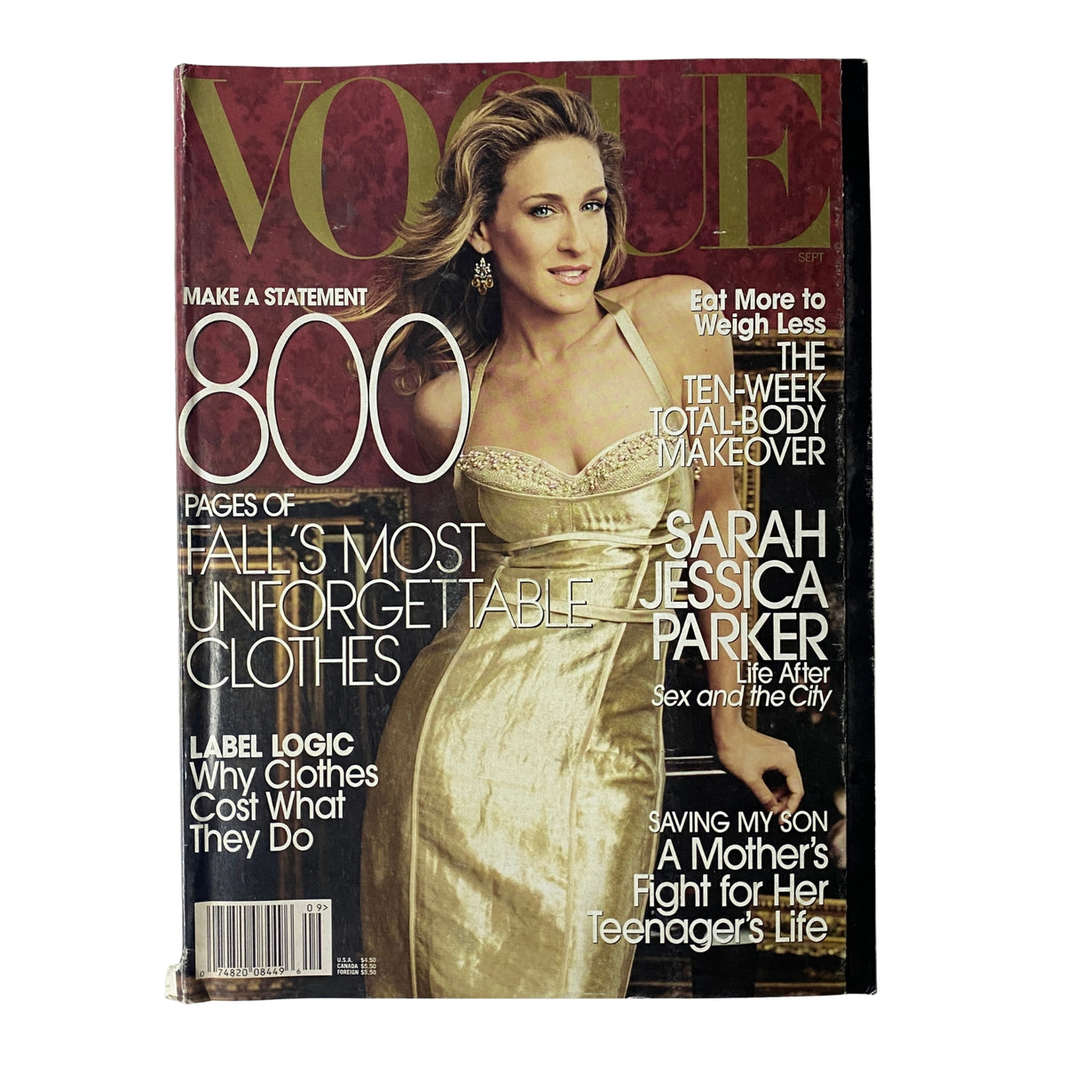 Vogue Magazine September 2005 featuring Sarah Jessica Parker on the cover, showcasing fall fashion and style trends, with a golden dress highlighted prominently.