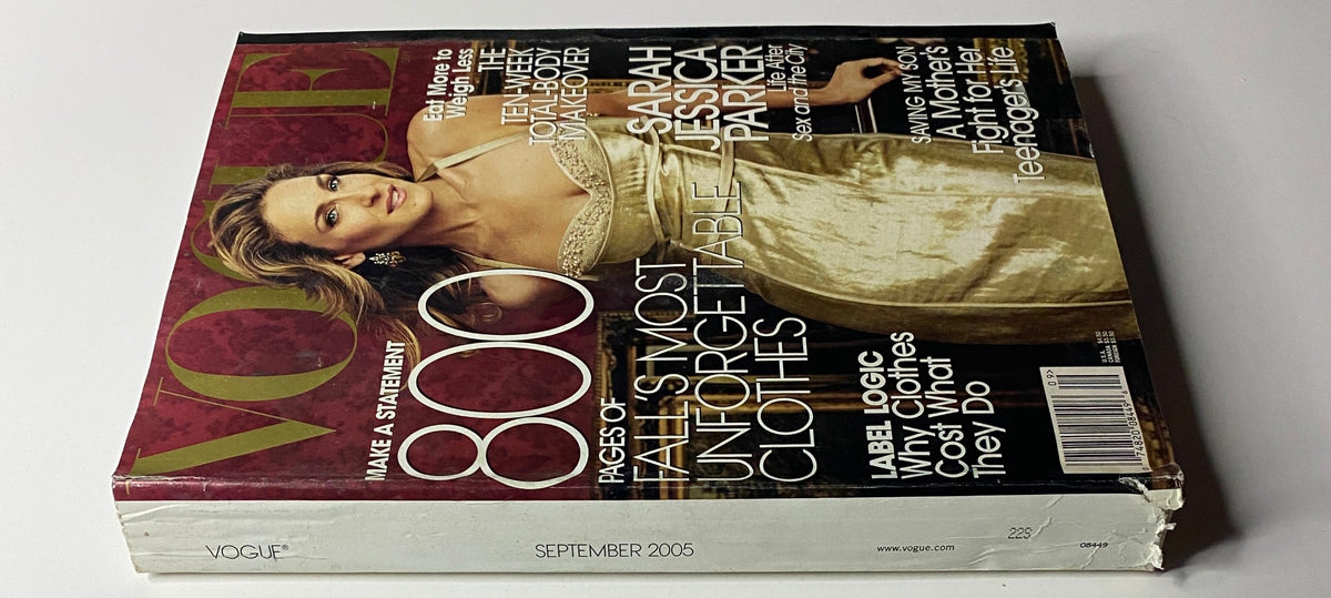 Side view of Vogue Magazine September 2005 with Sarah Jessica Parker on the cover, discussing the issue's focus on unforgettable fall clothes and fashion trends.