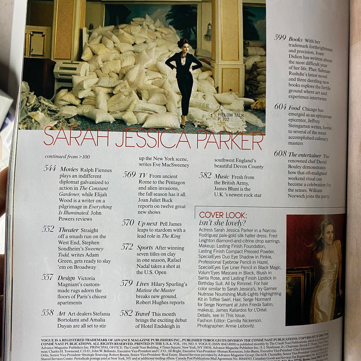 A dedicated page in Vogue Magazine September 2005, highlighting Sarah Jessica Parker with an article titled 'Pillow Talk', discussing her role in fashion.