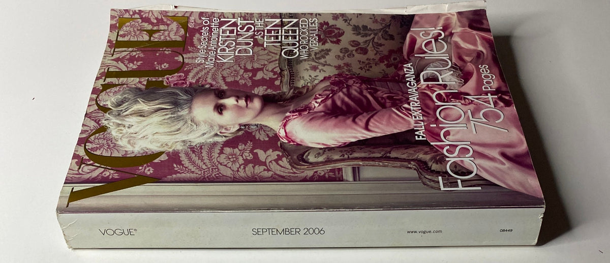 Side view of the Vogue Magazine September 2006 cover showcasing Kirsten Dunst dressed as Marie Antoinette, highlighting the magazine's edition details.