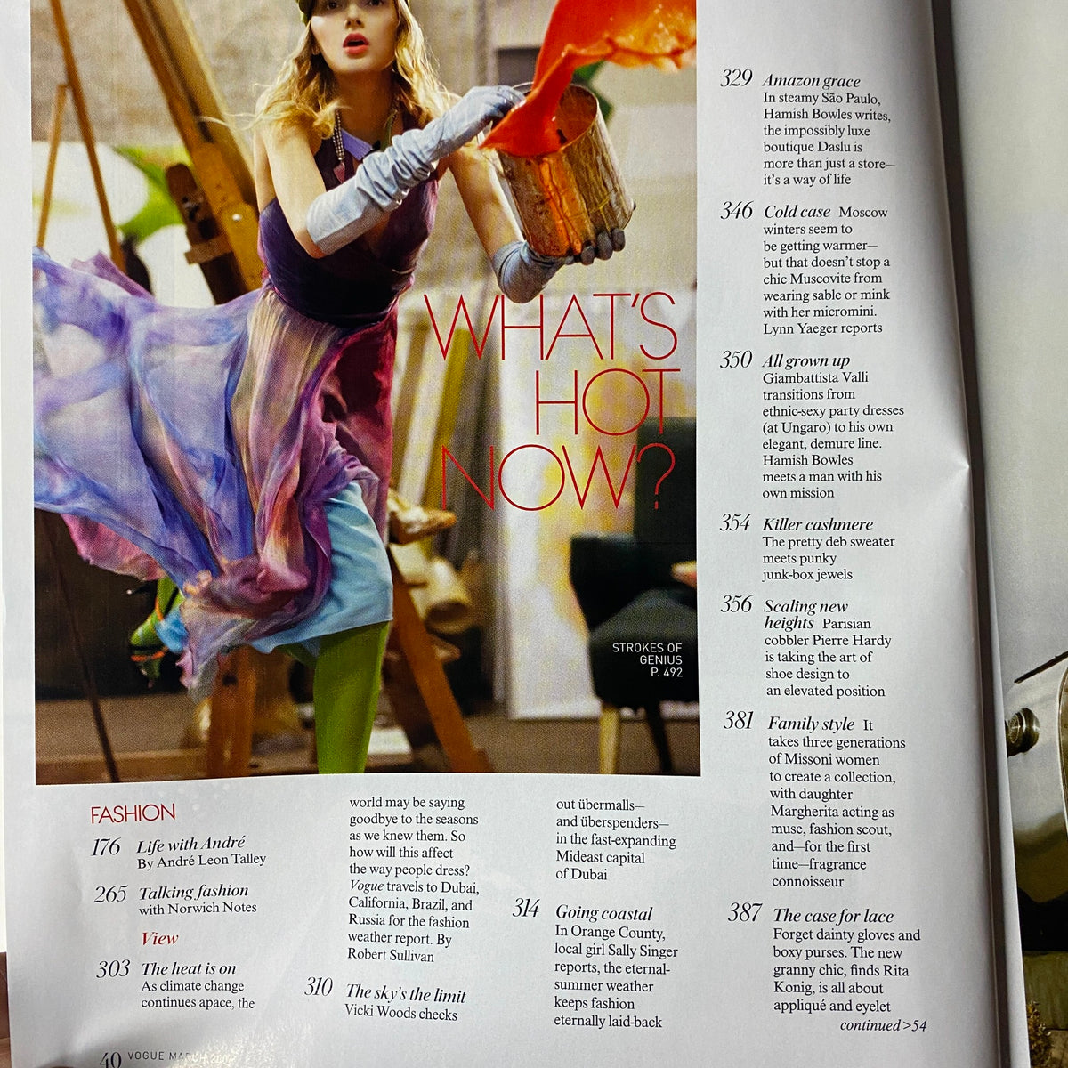 Inside page of Vogue Magazine March 2006, highlighting various fashion articles and photography, including trends and insights from notable contributors.