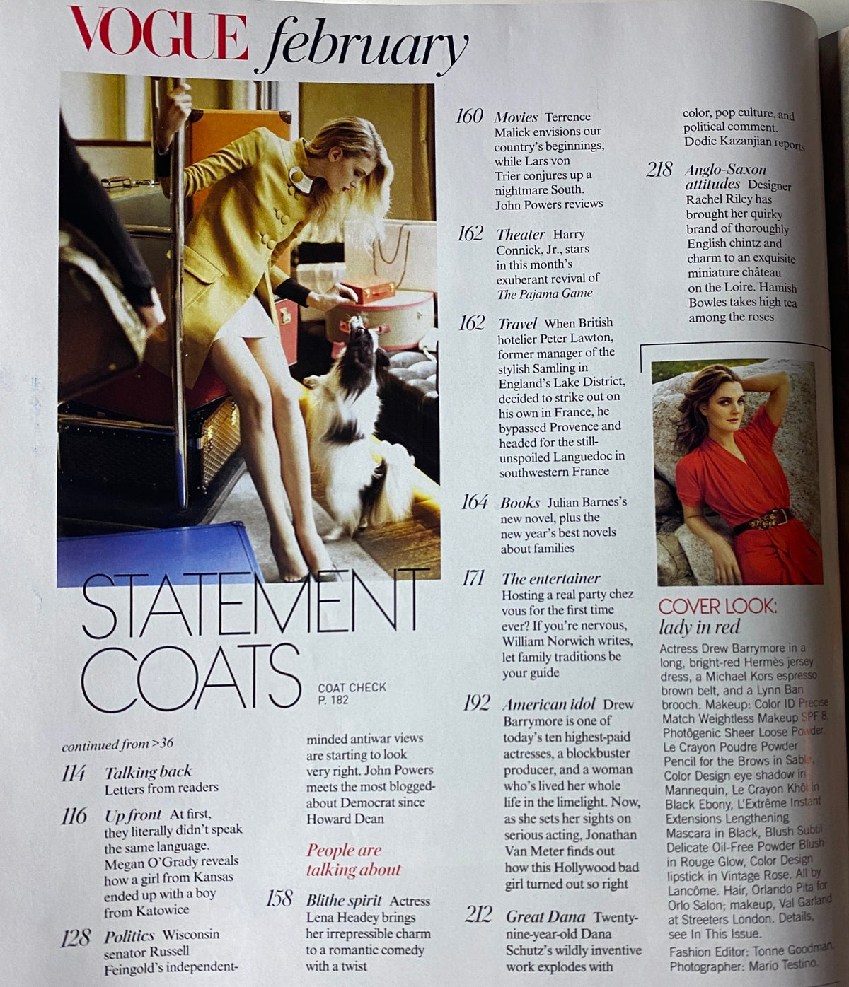 Inside spread from Vogue Magazine February 2006 titled 'Statement Coats,' showcasing elegant fashion, highlighting the styles of the winter season and artistic photography.
