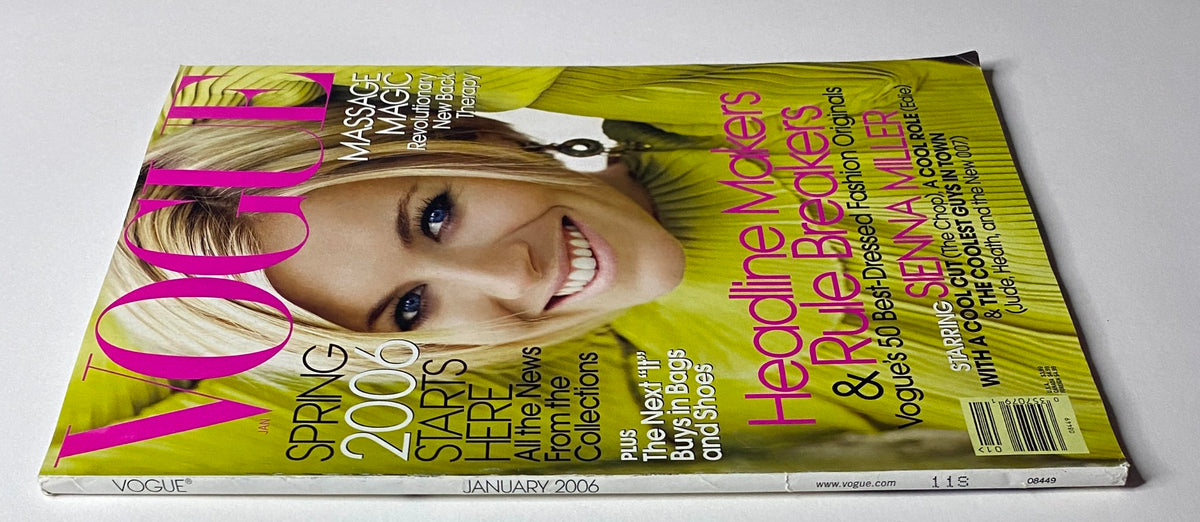 Vogue Magazine January 2006 with Sienna Miller on the cover, emphasizing her journey to independence and style. This edition showcases bold fashion and beauty innovations, ideal for collectors.
