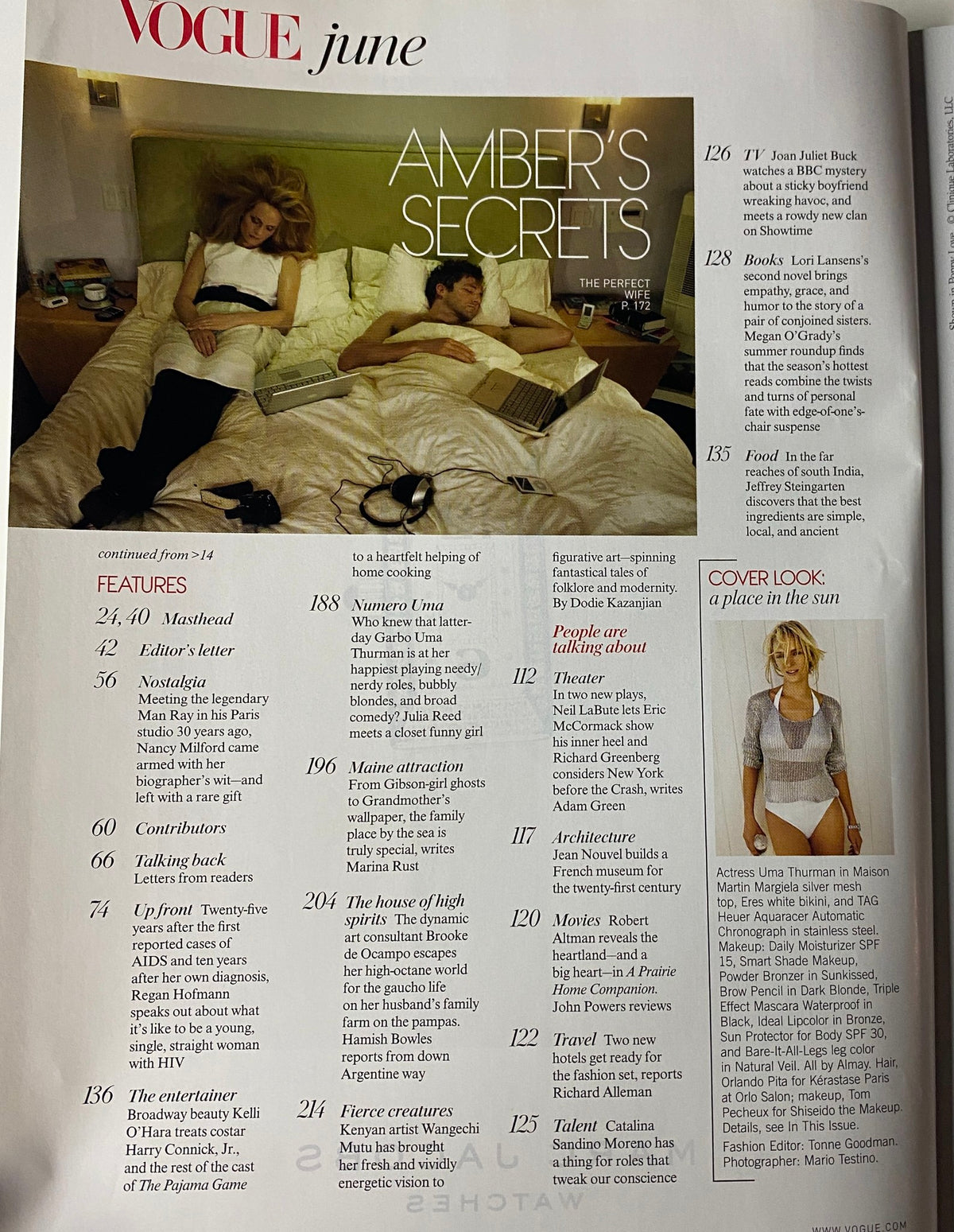 Page from Vogue Magazine June 2006 featuring 'Amber's Secrets' article alongside actress Uma Thurman.