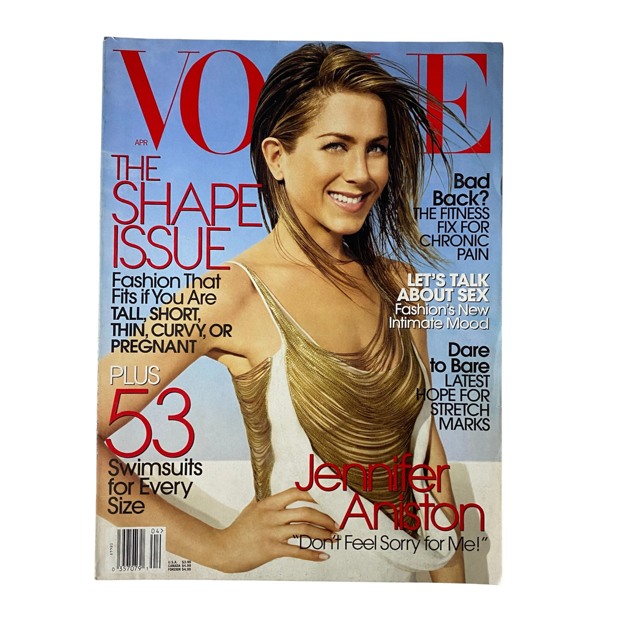 Vogue Magazine April 2006 featuring Jennifer Aniston on the cover, themed as 'The Shape Issue' with a focus on body confidence and style.