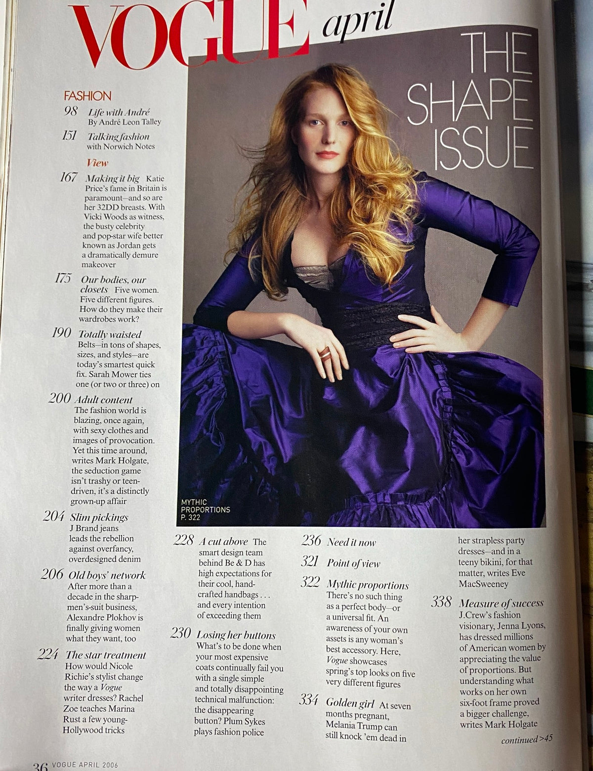 Inside page of Vogue Magazine April 2006 presenting an article titled 'Making It Big' with a model in a purple dress, celebrating body positivity.