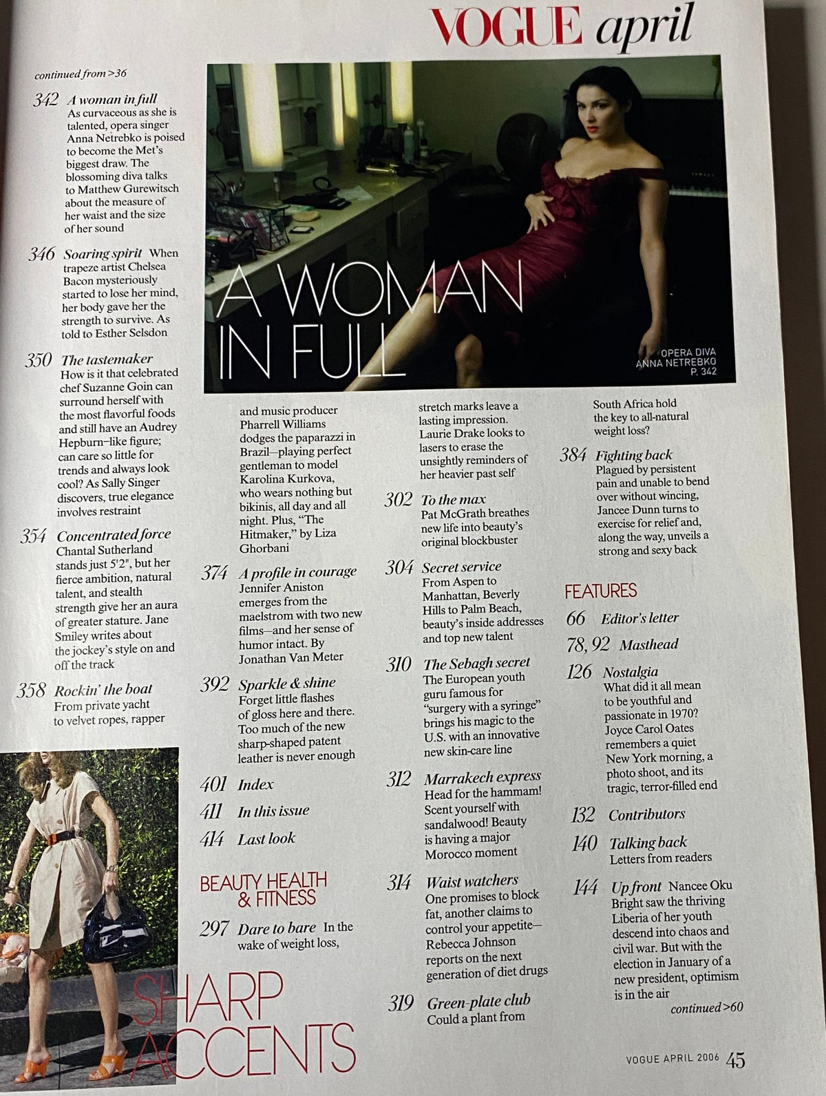 Inside page of Vogue Magazine April 2006 with a feature titled 'A Woman in Full', highlighting confidence and fashion choices for women.