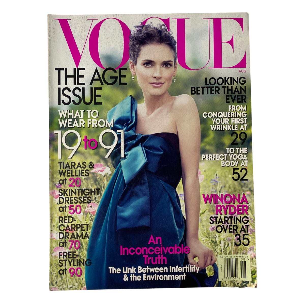 Vogue Magazine August 2007 featuring Winona Ryder on the cover. The cover highlights 'The Age Issue' and showcases a stunning gown worn by Ryder. The magazine's title and issue details are prominently displayed.