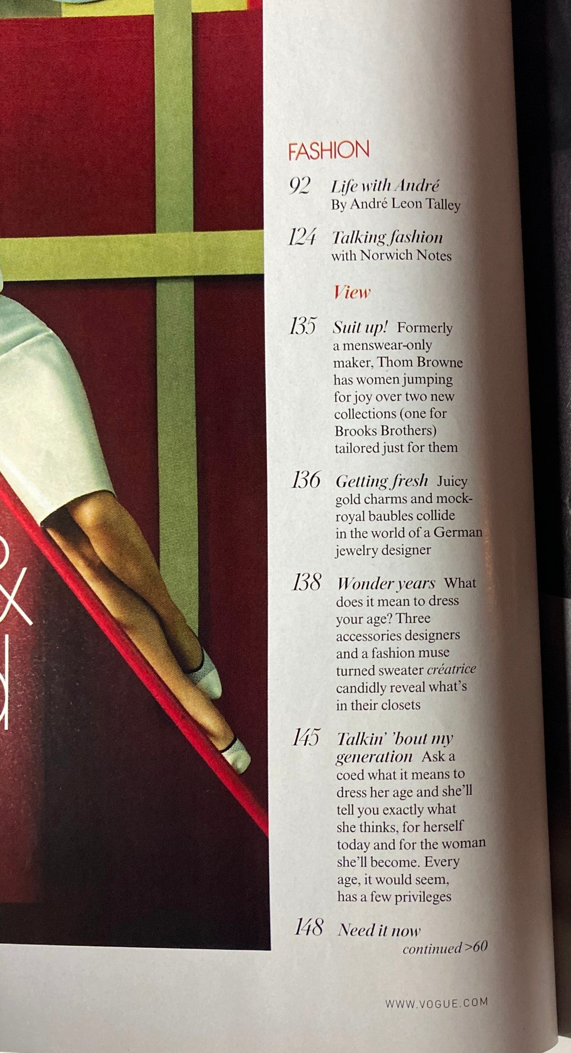 Interior page of Vogue Magazine August 2007 showcasing fashion article contents, including sections on modern trends and styles. The page identifies features like 'Life with André' and 'Getting Fresh' related to the issue's focus.