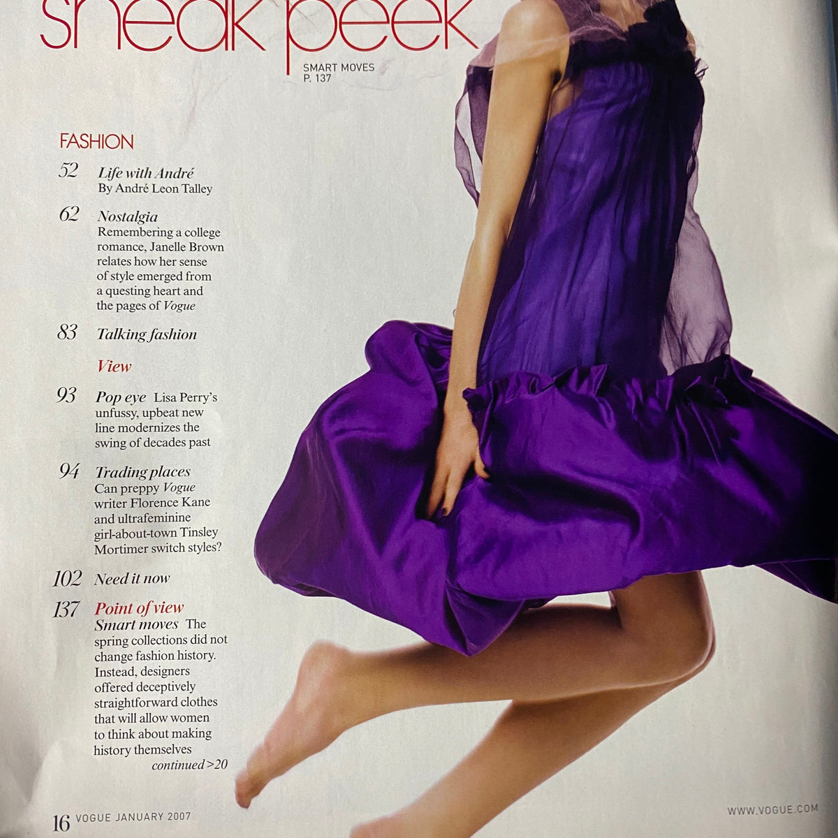Page from Vogue Magazine January 2007 showcasing fashion highlights. The content includes a sneak peek of upcoming spring collections and features styles from prominent designers.