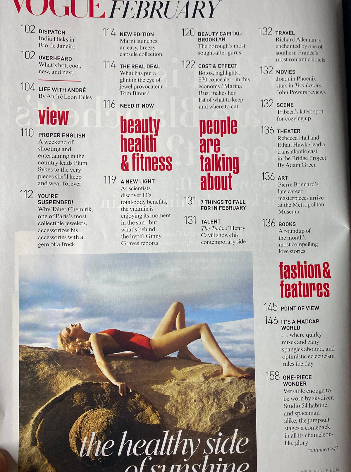 Interior page from Vogue Magazine February 2009 displaying table of contents and feature highlights, including beauty, health, fashion, and cultural insights from the issue.