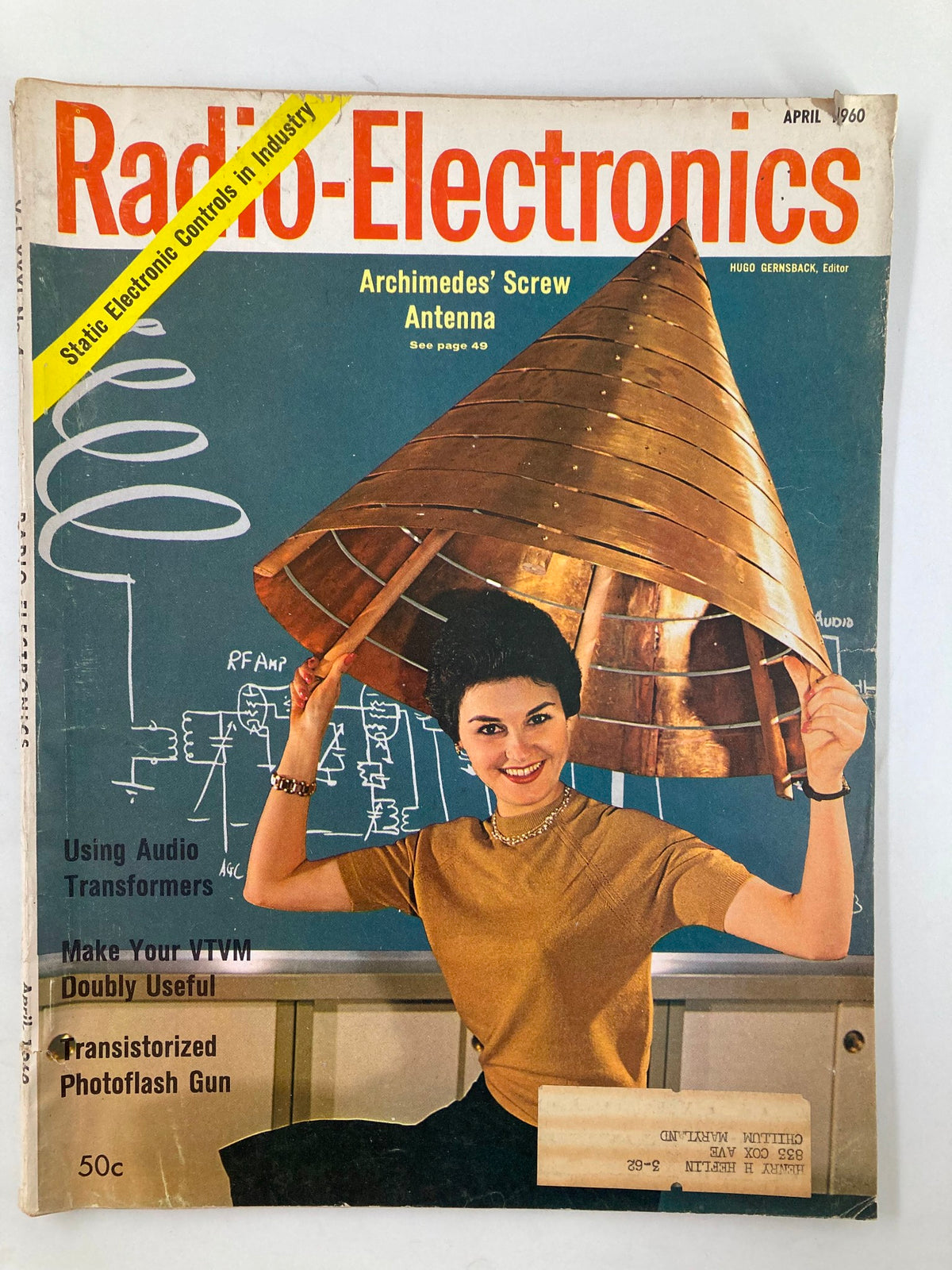 VTG Radio-Electronics Magazine April 1960 cover featuring a woman holding an Archimedes' Screw Antenna and promoting articles like 'Make Your Own VTVM Doubly Useful'.