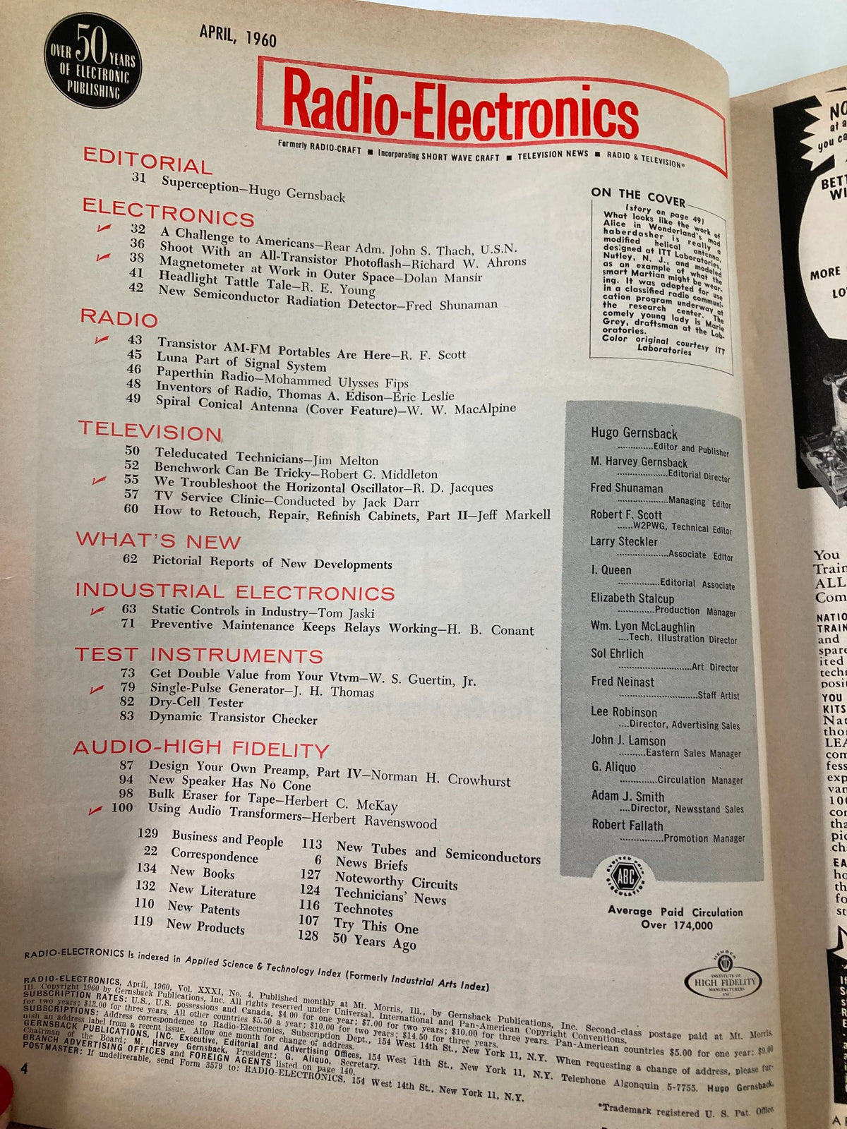 Inside page of VTG Radio-Electronics Magazine April 1960 displaying the editorial and table of contents, showcasing topics in electronics, radio, and industrial applications.