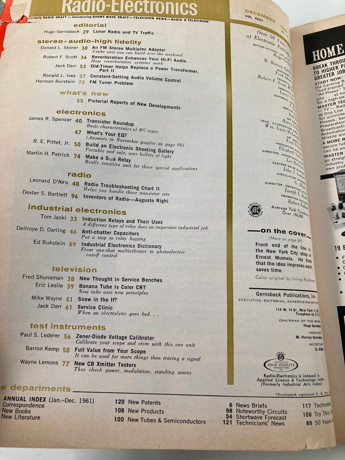 Contents page of VTG Radio-Electronics Magazine December 1961, outlining articles on electronics, industrial electronics, and test instruments related to radio technology.