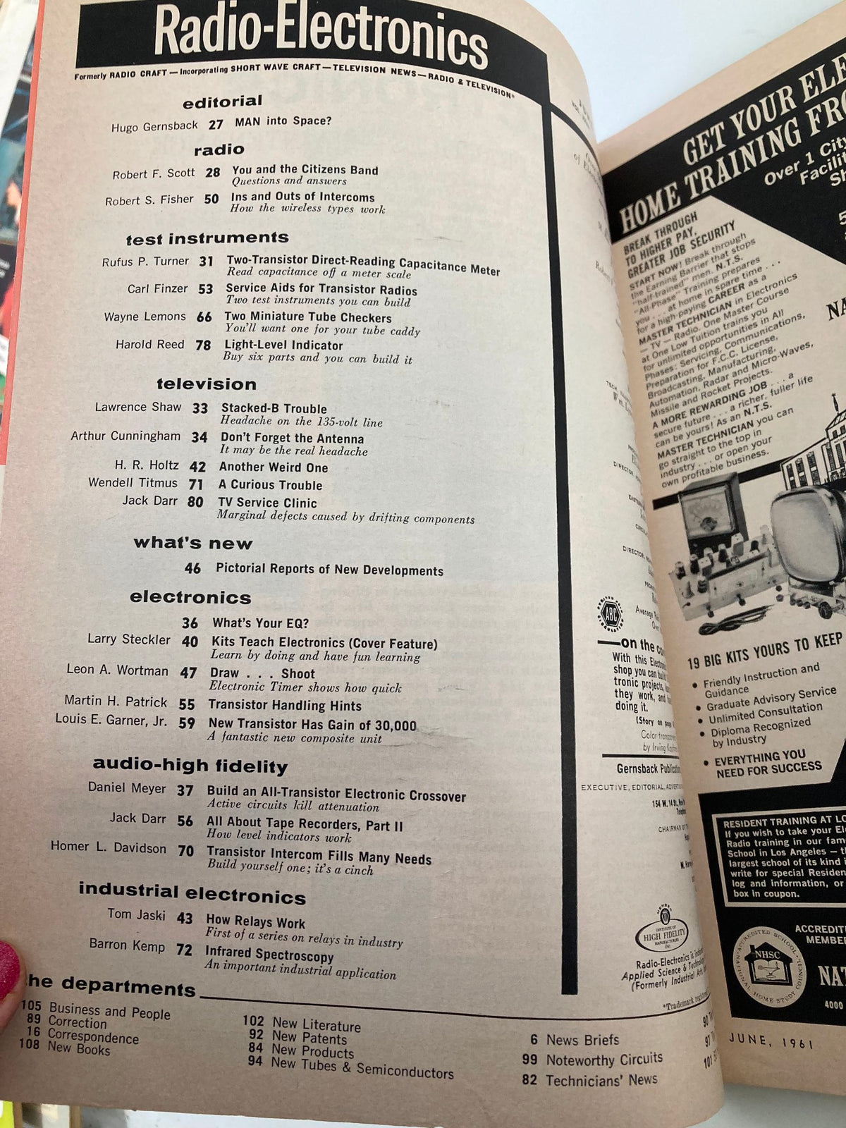 Interior page of VTG Radio-Electronics Magazine from June 1961 featuring index and articles on electronics, including topics like audio-high fidelity and transistor technology.