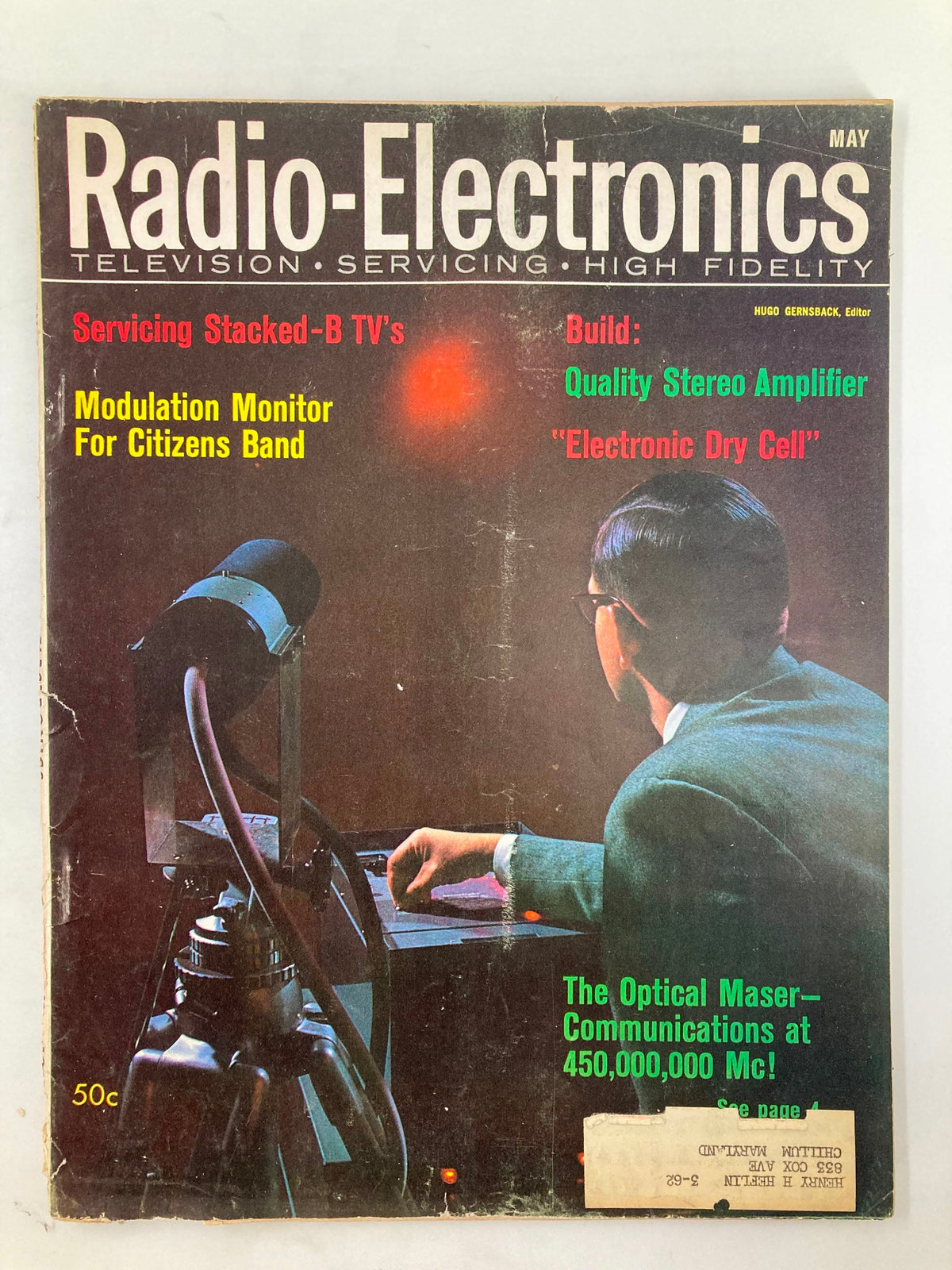 Cover of VTG Radio-Electronics Magazine May 1961, featuring topics on modulation monitors for Citizens Band radios, with a vintage aesthetic and technical illustrations.