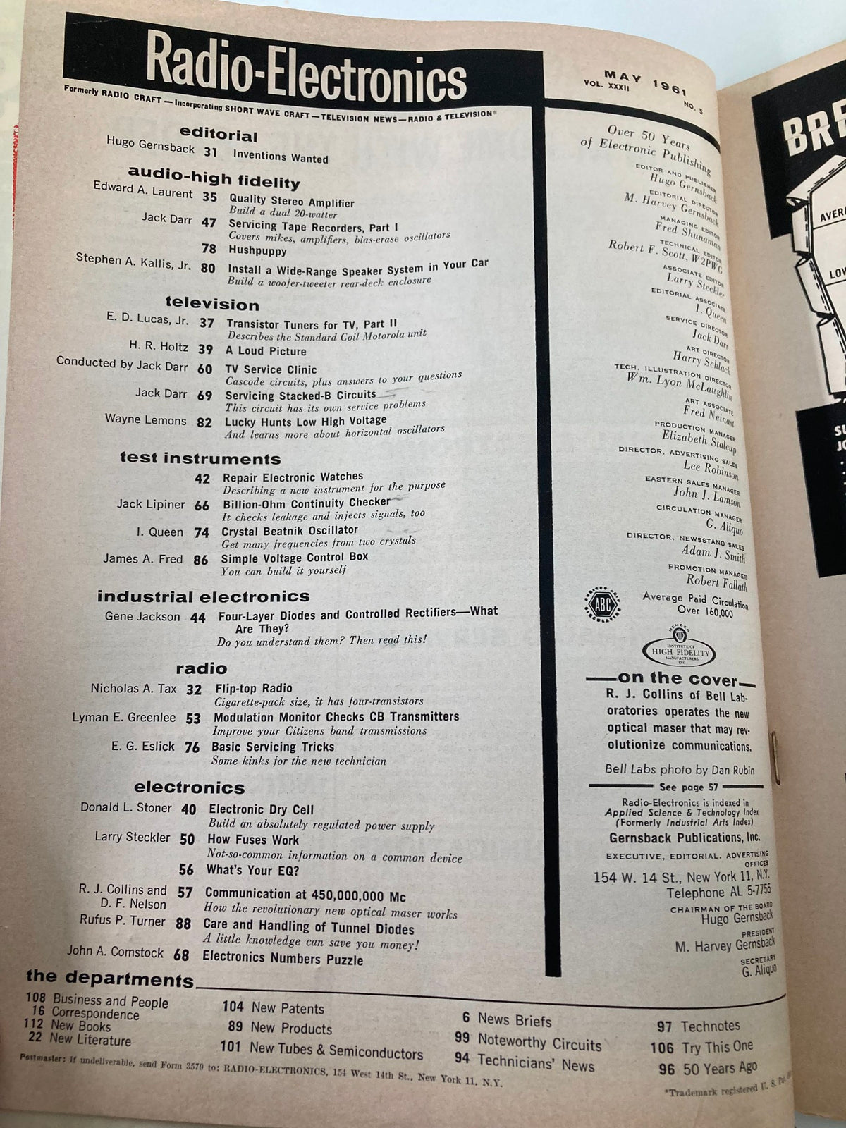 Interior page of VTG Radio-Electronics Magazine May 1961, showcasing the table of contents and magazine layout, highlighting various articles on electronics and radio technology.