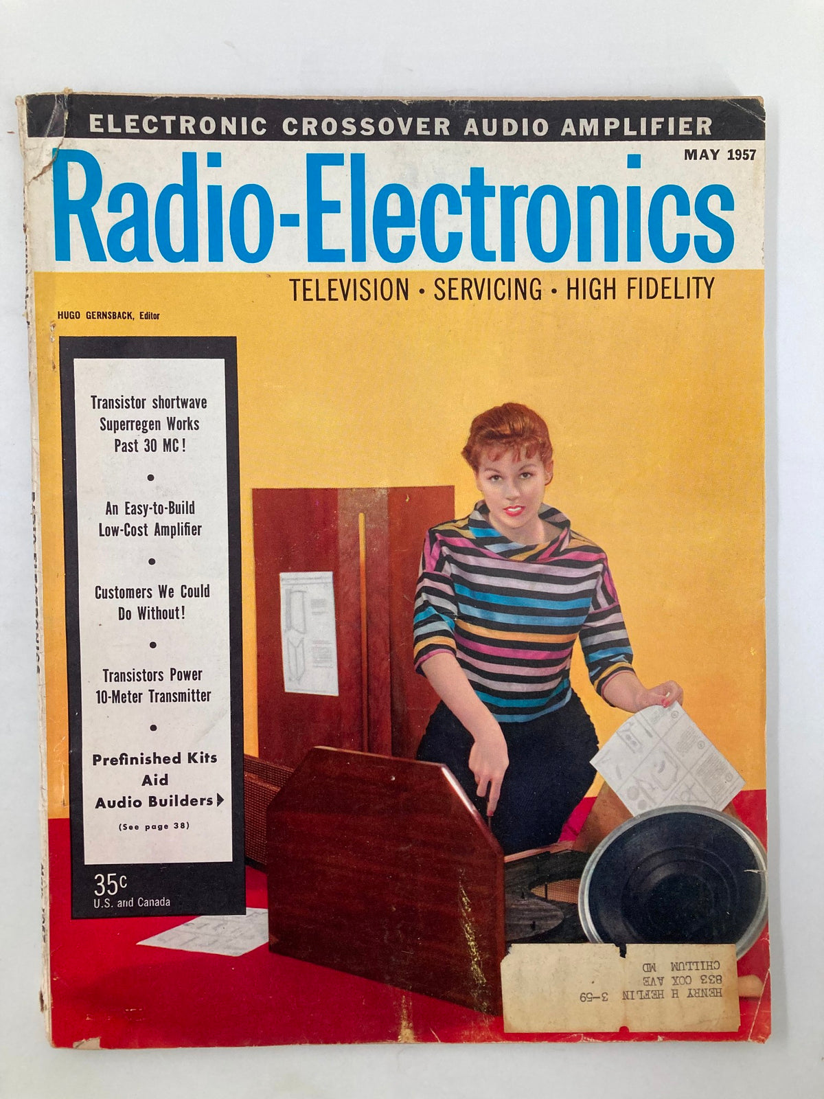 Cover of VTG Radio-Electronics Magazine May 1957, featuring articles on audio construction, including prefinished kits for audio builders.