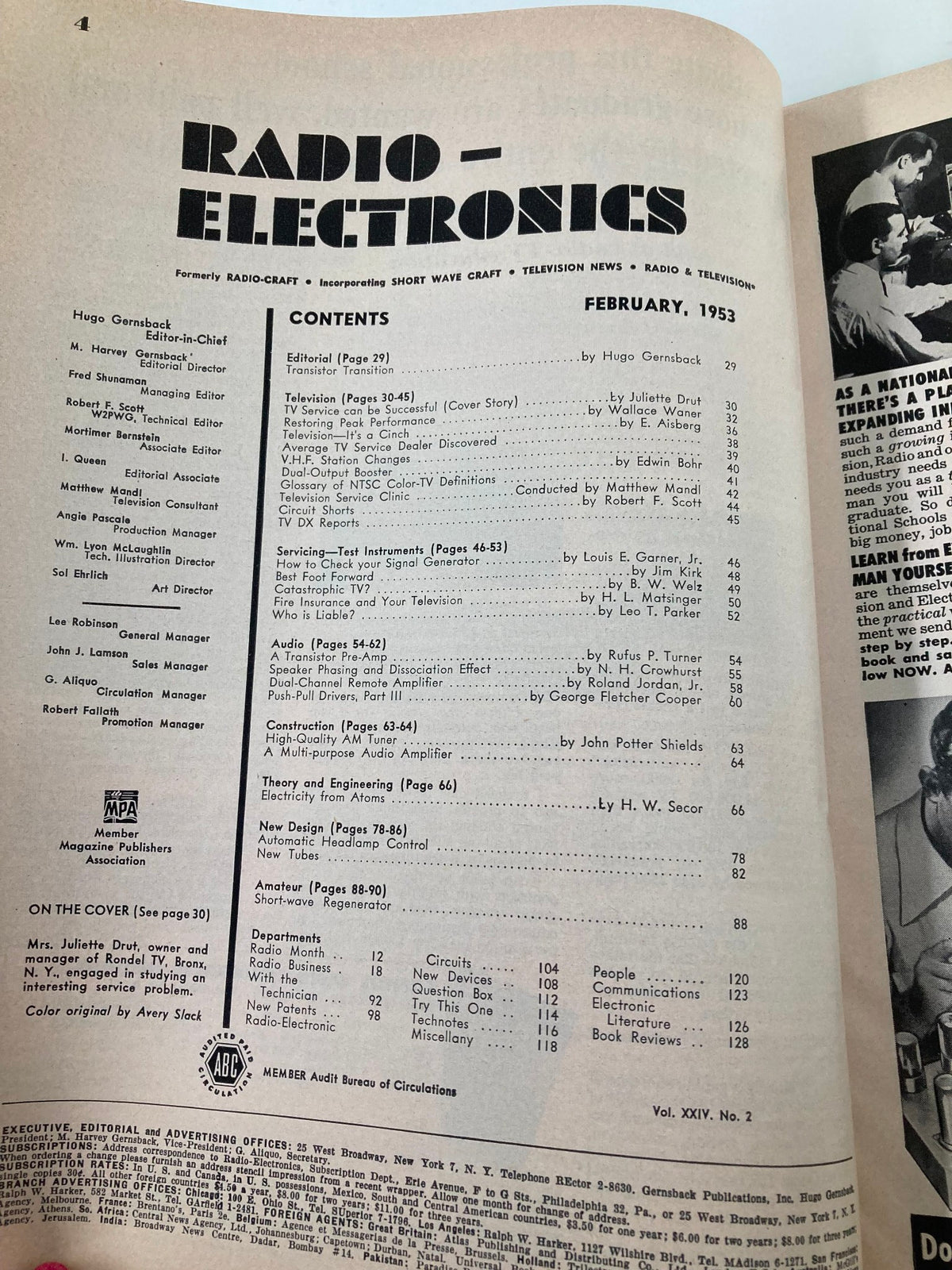 Contents page of VTG Radio-Electronics Magazine February 1953, detailing articles including 'Successful Woman Service Operator', reflecting on the evolution of technology and gender roles in the 1950s.