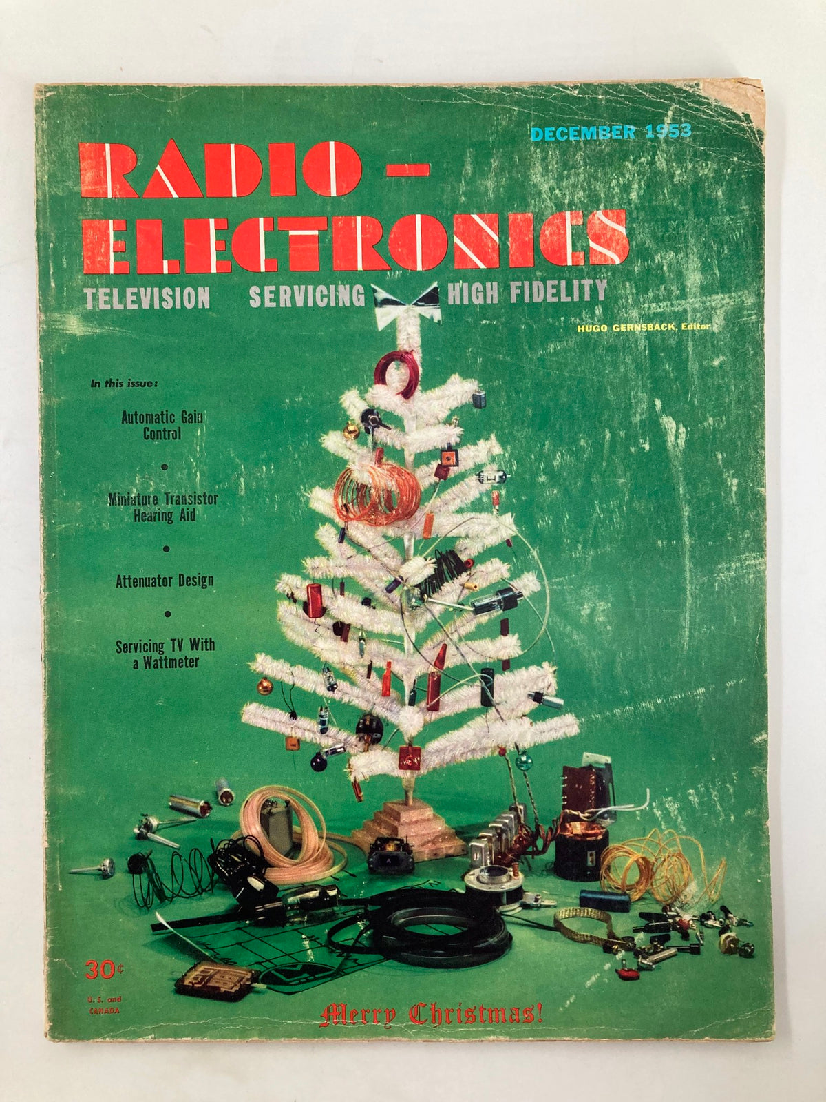 Cover of VTG Radio-Electronics Magazine December 1953 featuring a Christmas tree and articles on Automatic Gain Control and television servicing.