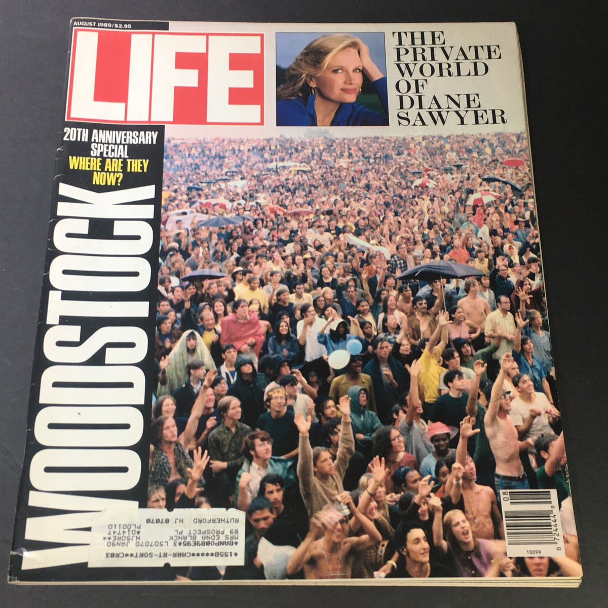 Cover of VTG Life Magazine August 1989 featuring the iconic Woodstock festival and a profile on Diane Sawyer. The cover illustrates a large crowd at Woodstock, celebrating music and peace, alongside a delicate portrait of Diane Sawyer.