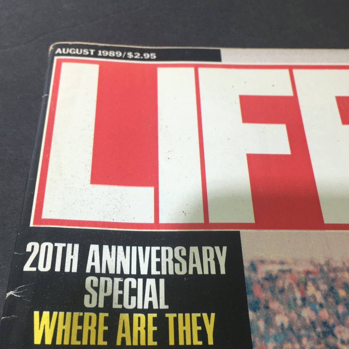 Close-up of the cover of VTG Life Magazine August 1989 featuring the title 'LIFE' and details about the 20th anniversary special, highlighting the cultural significance of Woodstock and Diane Sawyer.