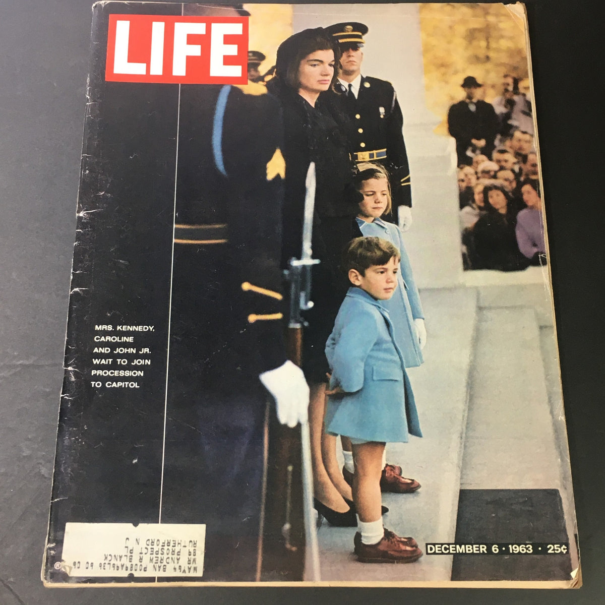VTG Life Magazine December 6, 1963 cover featuring Jackie Kennedy, Caroline Kennedy, and John F. Kennedy Jr. during a historic moment, highlighting the Kennedy family's legacy.