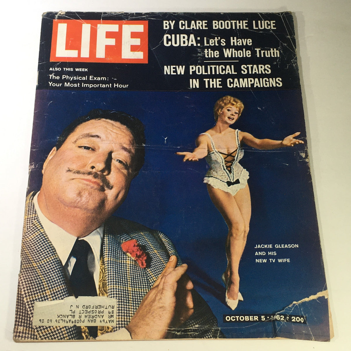 Cover of VTG Life Magazine October 5 1962 featuring Jackie Gleason and his new TV wife, highlighting articles by Clare Boothe Luce and Cuba. The magazine reflects 1960s culture with a vibrant design.