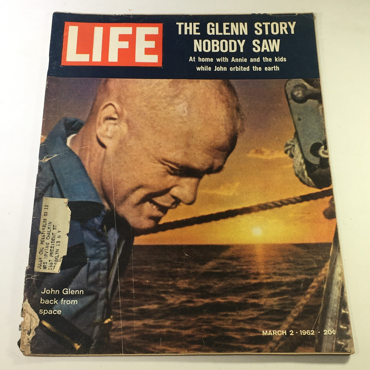 Life Magazine March 2 1962 cover featuring John Glenn, showcasing his return from space with a sunset background and the headline 'The Glenn Story Nobody Saw'.